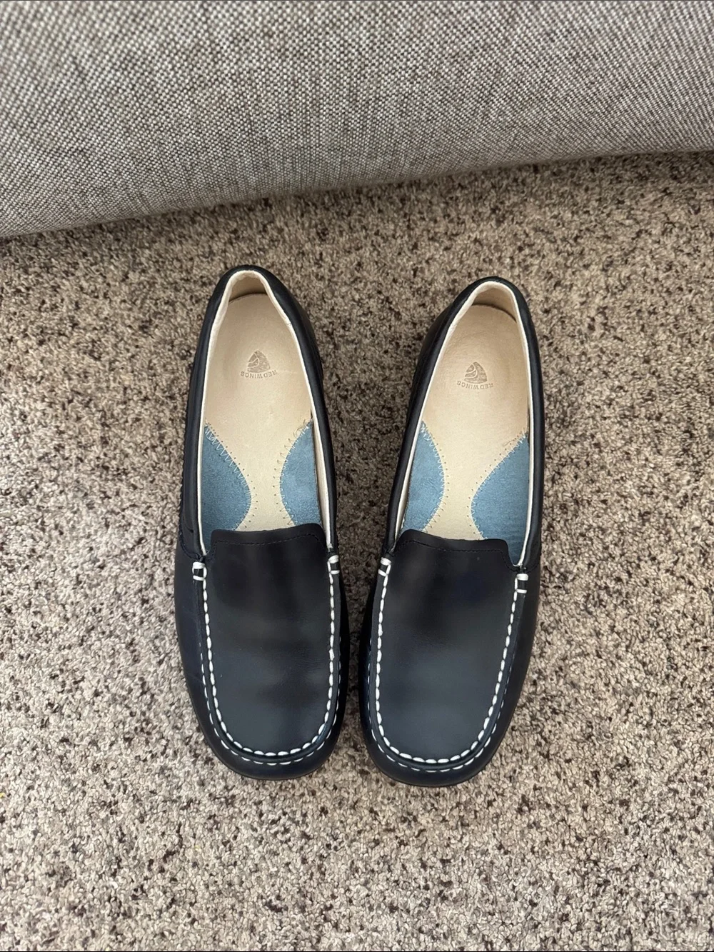 Red Wings Black Leather Slip-On Loafers with White Stitch Detailing